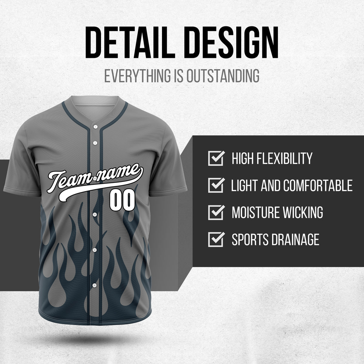 Custom Frost Fire Dark Grey Baseball Sports Jersey Personalized Uniform with Name & Number