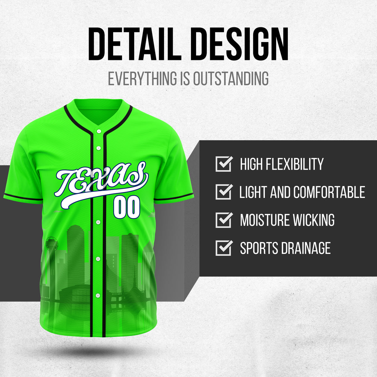 Custom City Lights Neon Green Baseball Sports Jersey Personalized Uniform with Name & Number