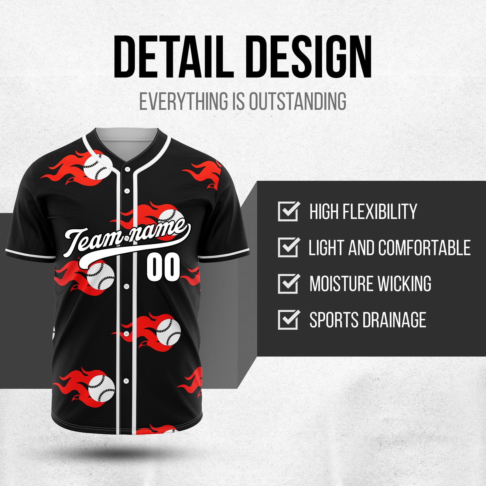 Custom Fireballers Black Baseball Sports Jersey Personalized Uniform with Name & Number
