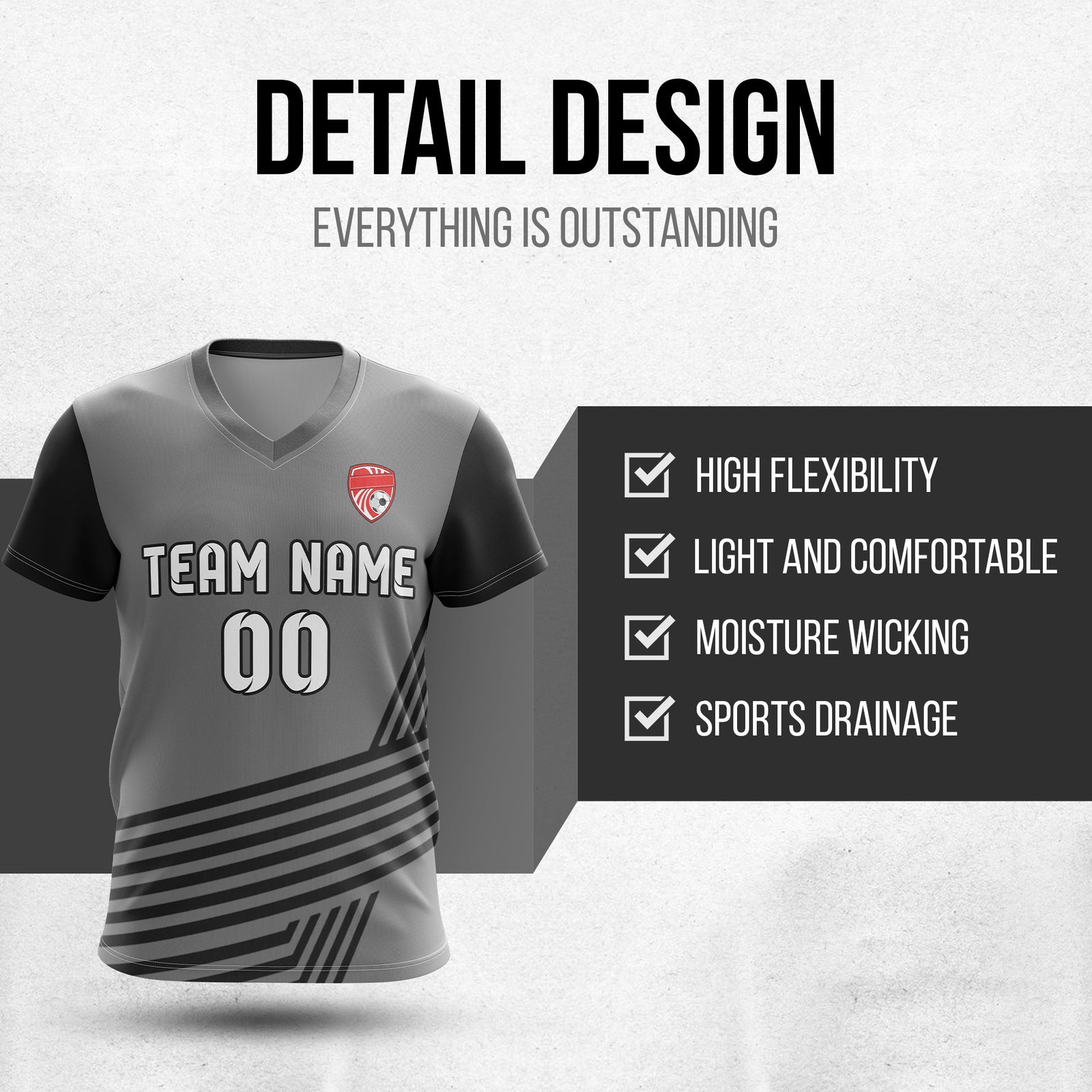 Custom Rapid Line V-Side Pattern Dark Grey Soccer sport Tops Jersey