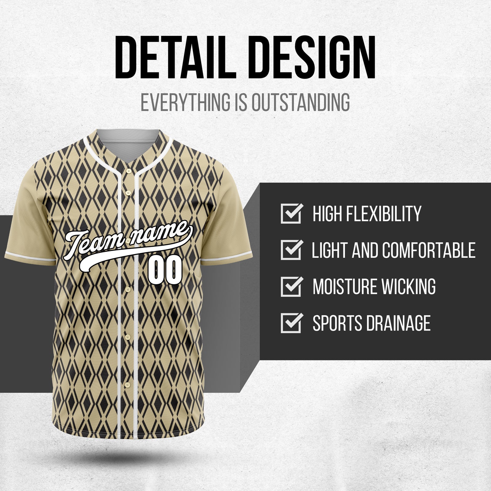 Custom Rhombic Edge Khaki Baseball Sports Jersey Personalized Uniform with Name & Number