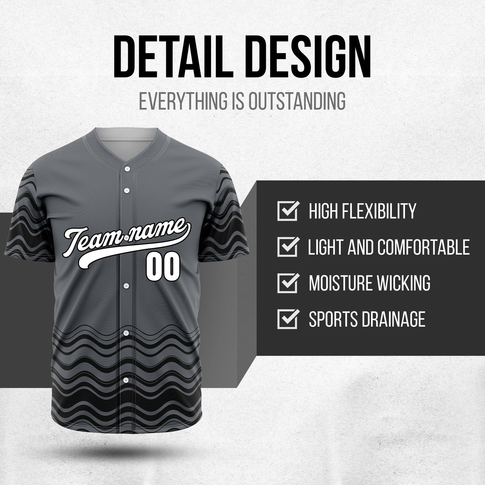 Custom Wave Dark Grey Baseball Sports Jerseys Personalized Uniform with Name & Number