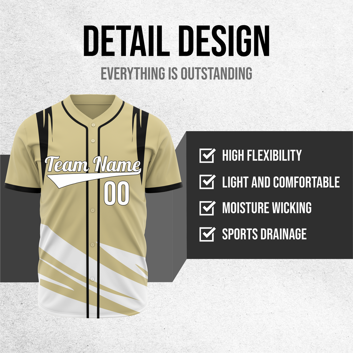 Custom Curve Edge Baseball Khaki Sports Jersey Personalized Uniform with Name & Number
