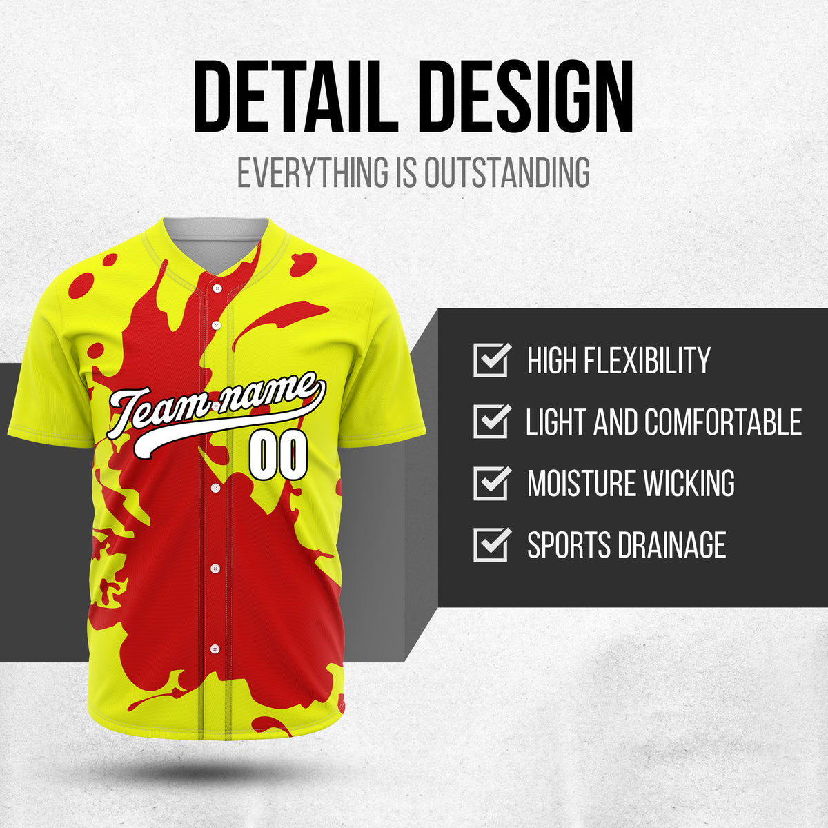 Custom Ink Splash Yellow Baseball Sports Jersey Personalized Uniform with Name & Number