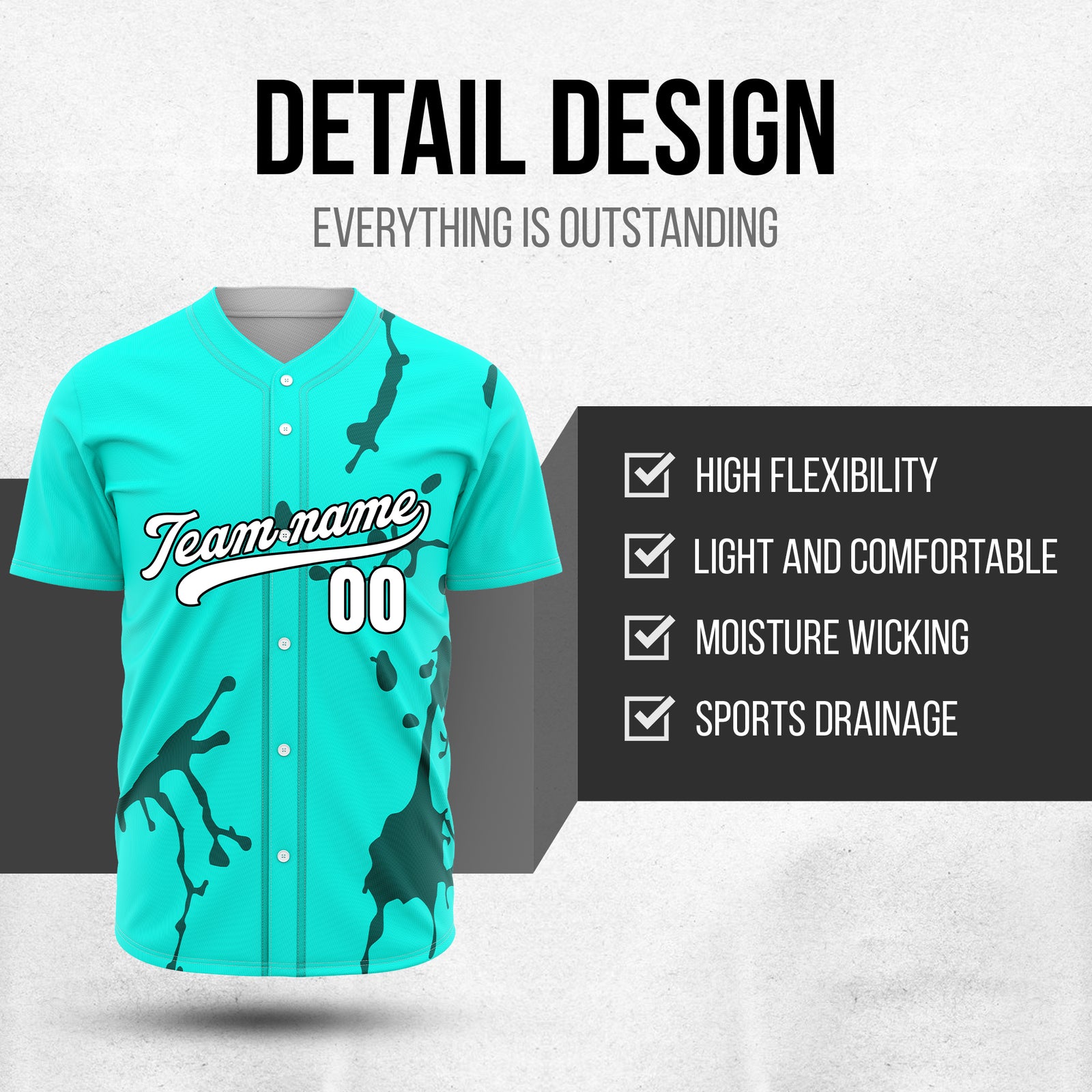 Custom Ink Paint Pop Aqua Baseball Sports Jersey Personalized Uniform with Name & Number