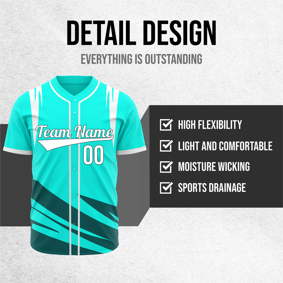 Custom Curve Edge Baseball Aqua Sports Jersey Personalized Uniform with Name & Number