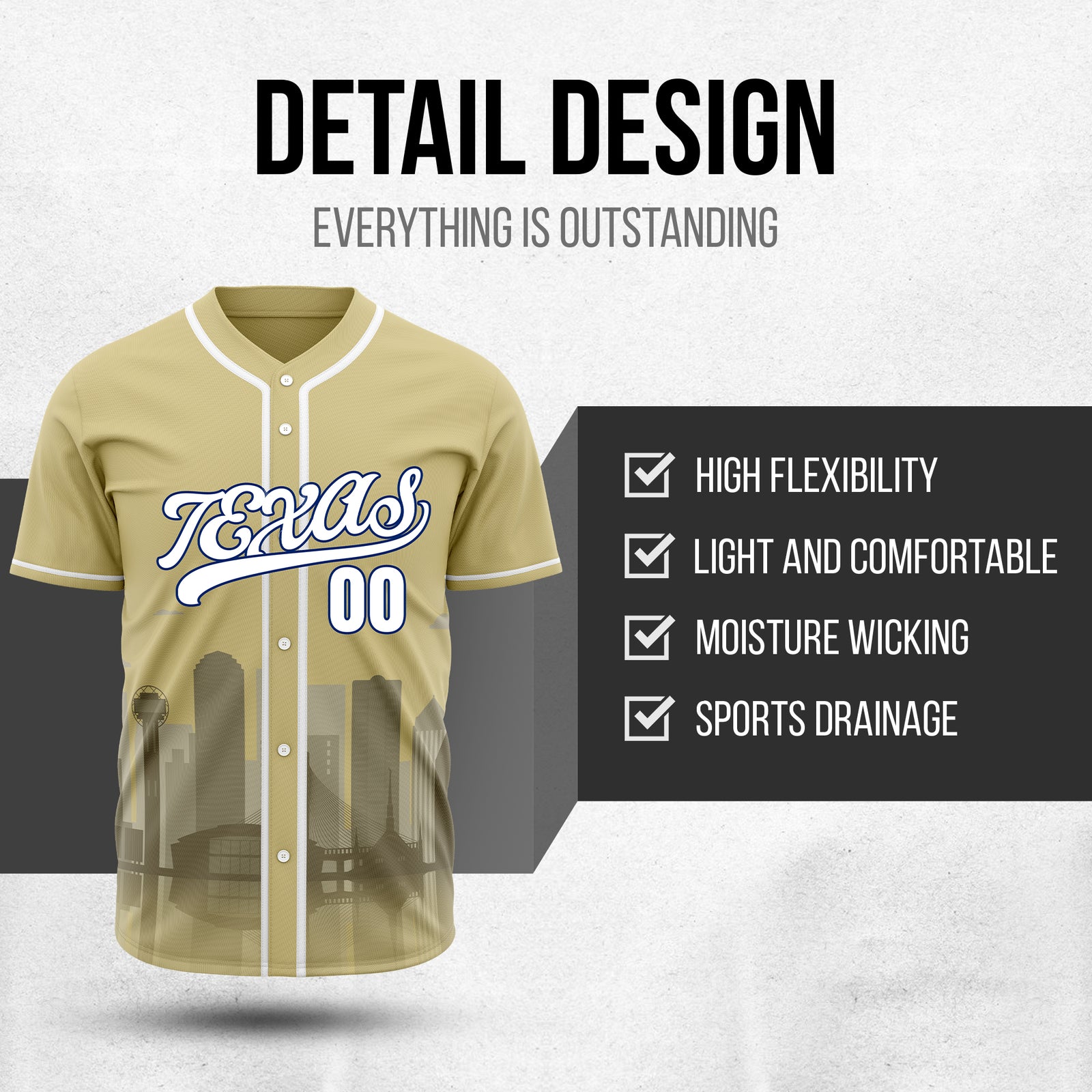 Custom City Lights Khaki Baseball Sports Jersey Personalized Uniform with Name & Number