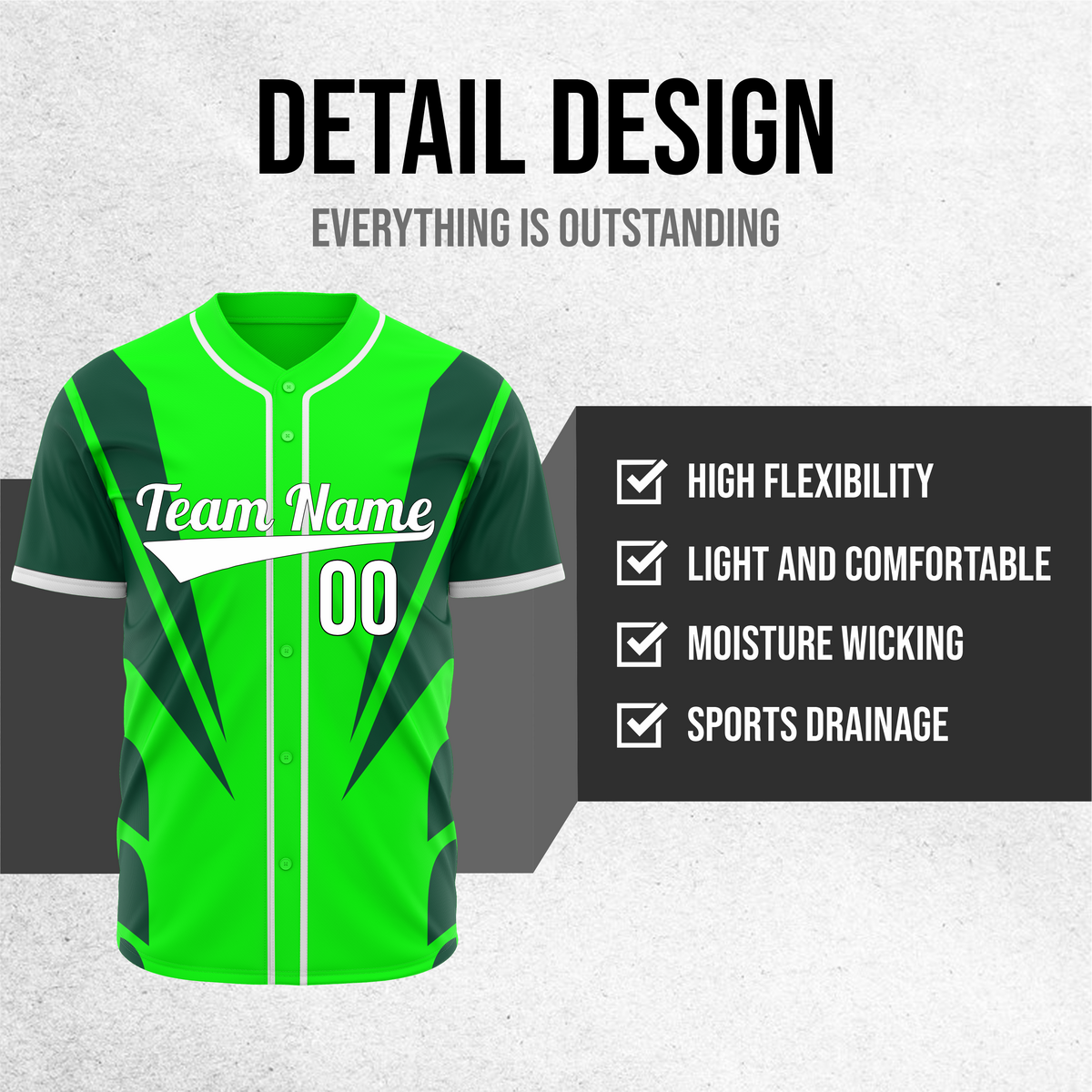 Custom Panel Flow Baseball Green Sports Jersey Personalized Uniform with Name & Number