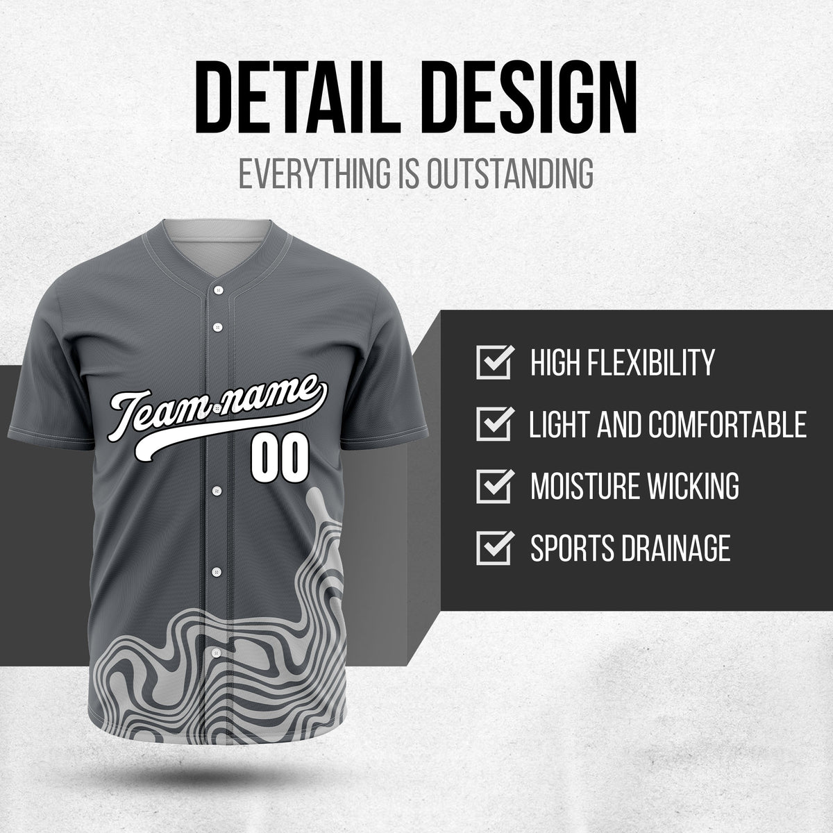 Custom Wave Dark Grey Baseball Sport Jersey Personalized Uniform with Name & Number