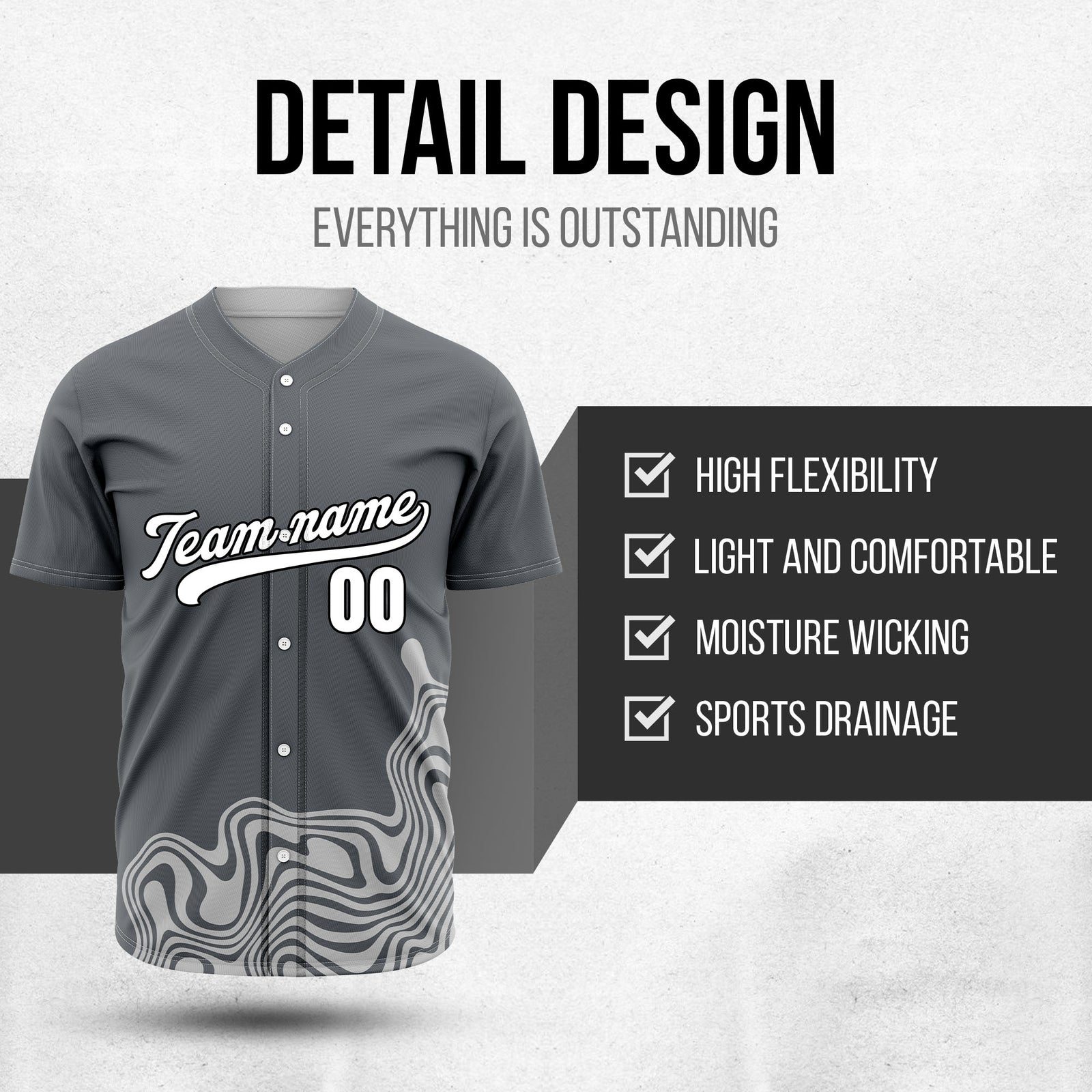 Custom Wave Dark Grey Baseball Sport Jersey Personalized Uniform with Name & Number