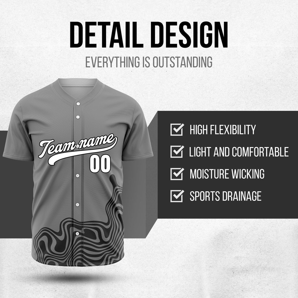 Custom Wave Grey Baseball Sport Jersey Personalized Uniform with Name & Number