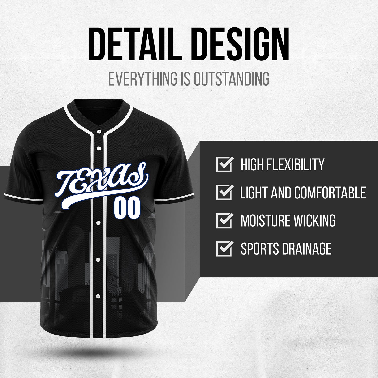 Custom City Lights Black Baseball Sports Jersey Personalized Uniform with Name & Number