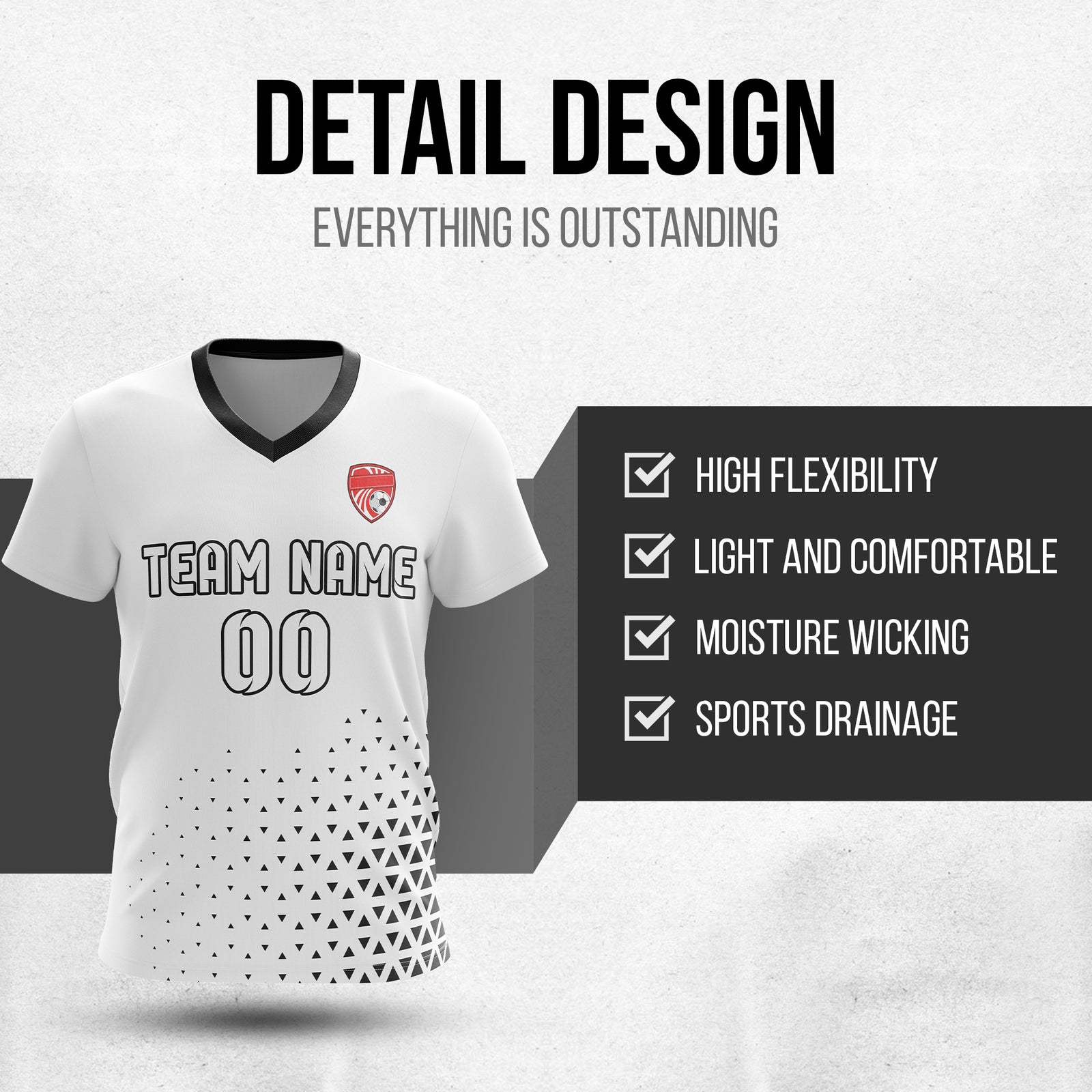 Custom Tri-Edge V-Side Pattern White Soccer sport Tops Jersey