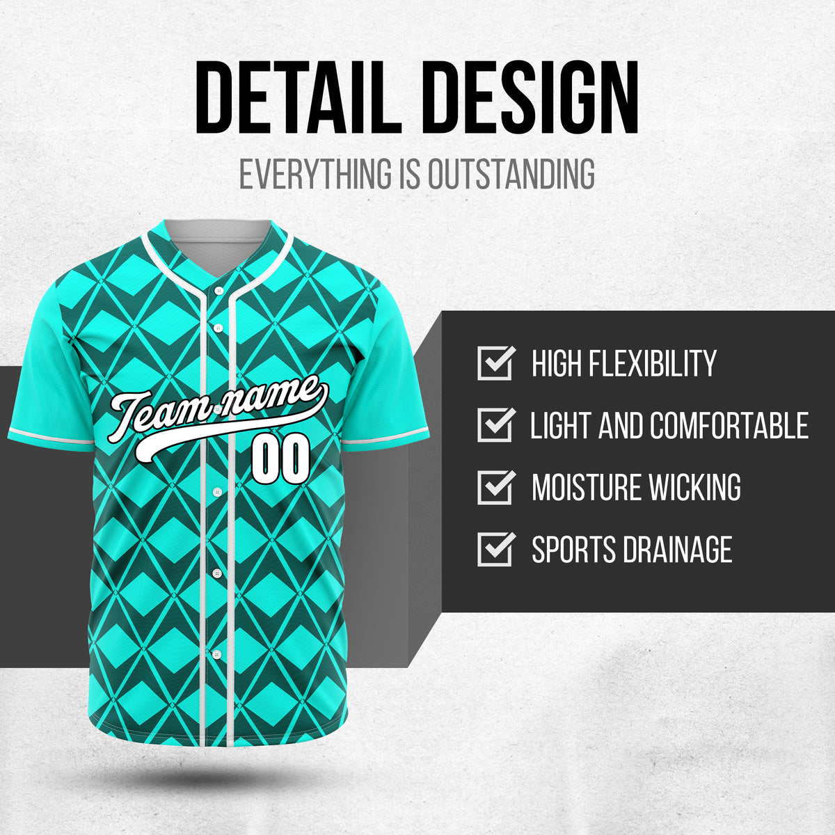 Custom Rhombus Blaze Aqua Baseball Sports Jersey Personalized Uniform with Name & Number