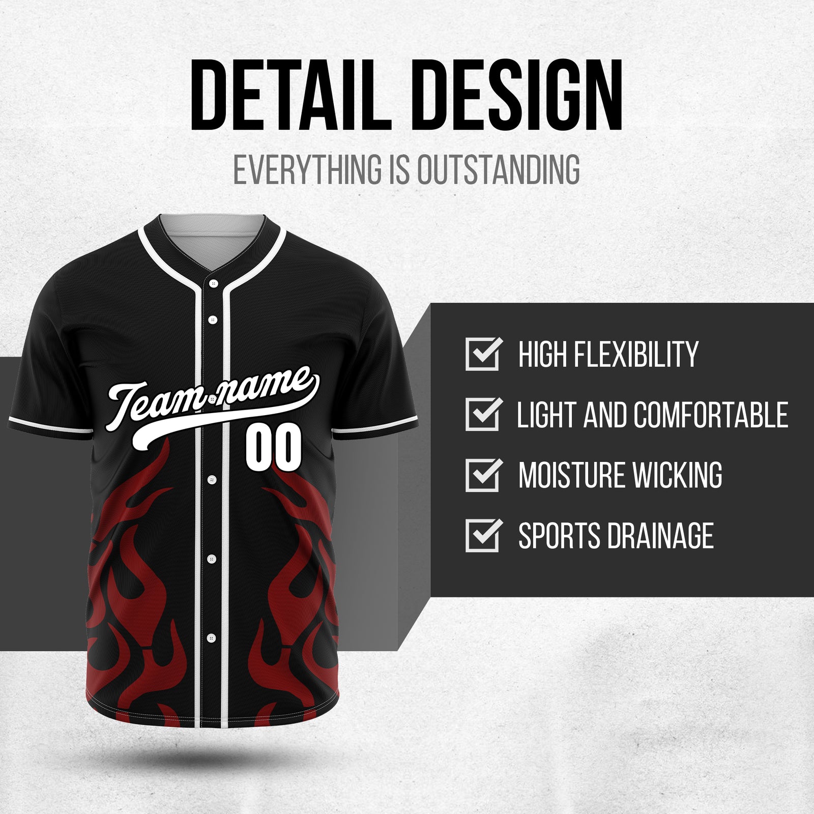 Custom Shadow Flames Black Baseball Sports Jersey Personalized Uniform with Name & Number