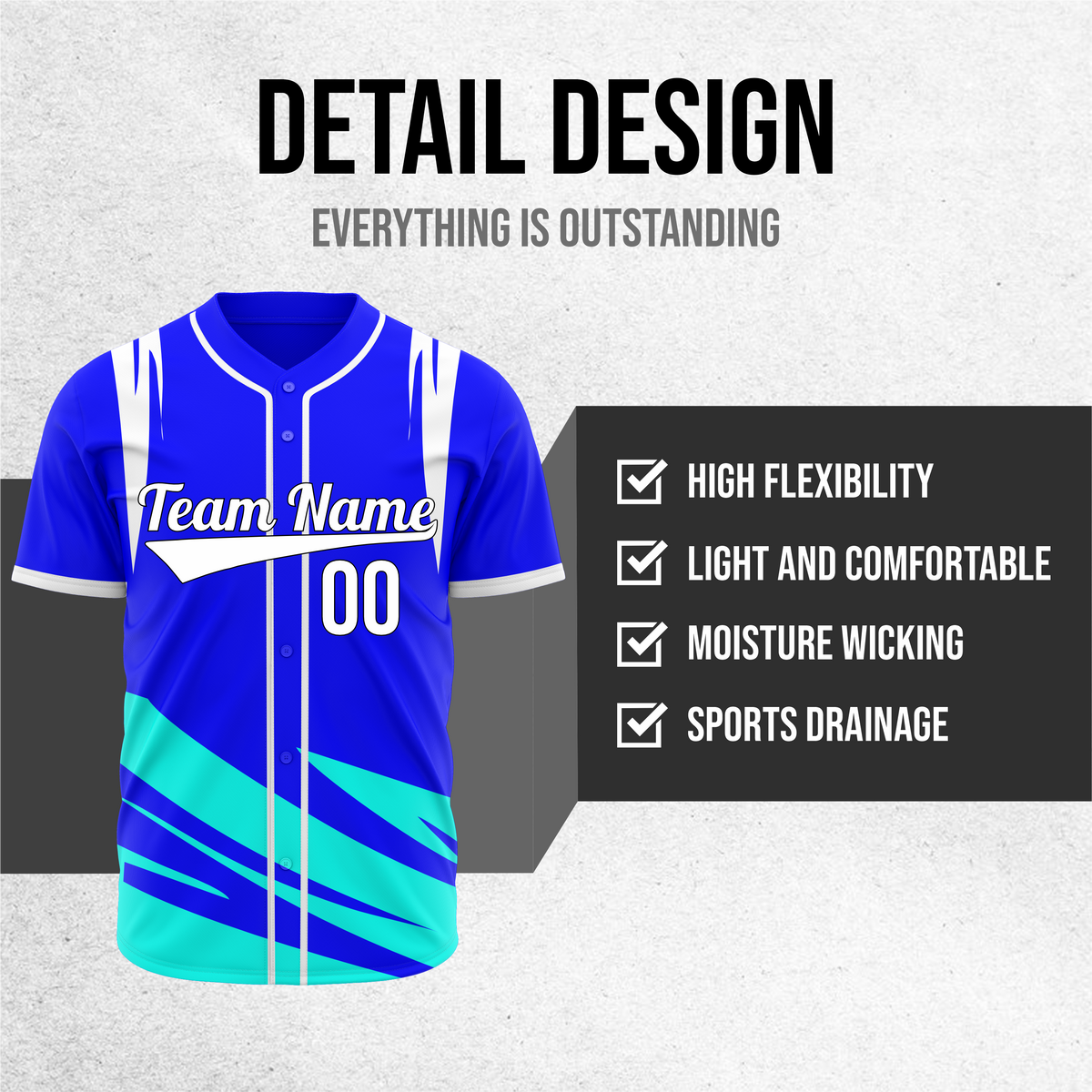 Custom Curve Edge Baseball Blue Sports Jersey Personalized Uniform with Name & Number
