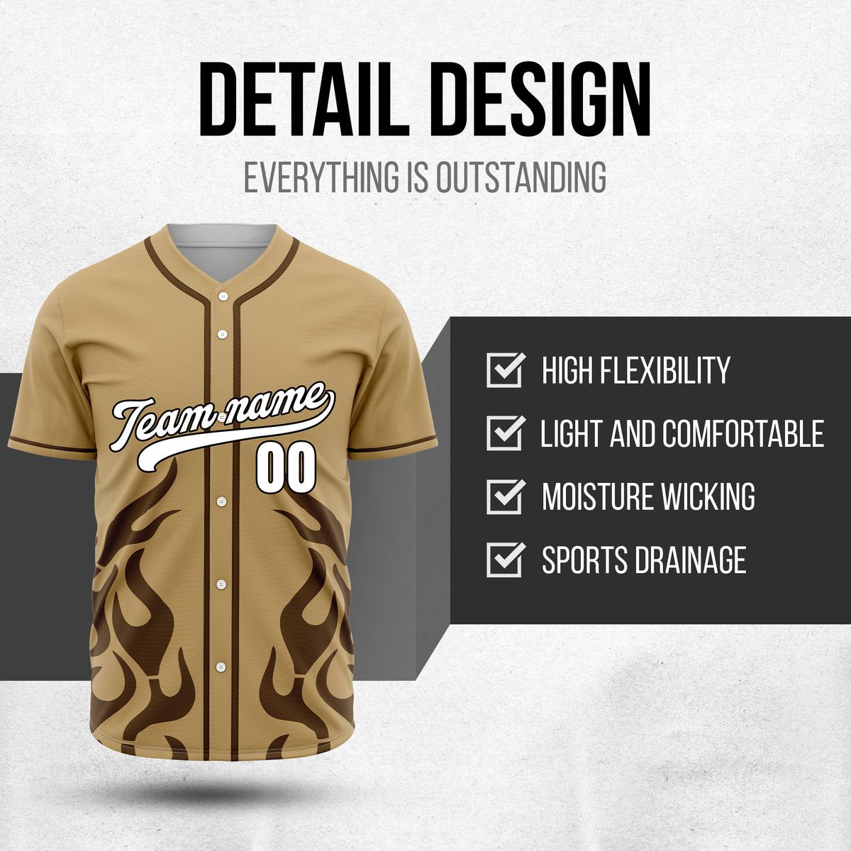 Custom Shadow Flames Khaki Baseball Sports Jersey Personalized Uniform with Name & Number