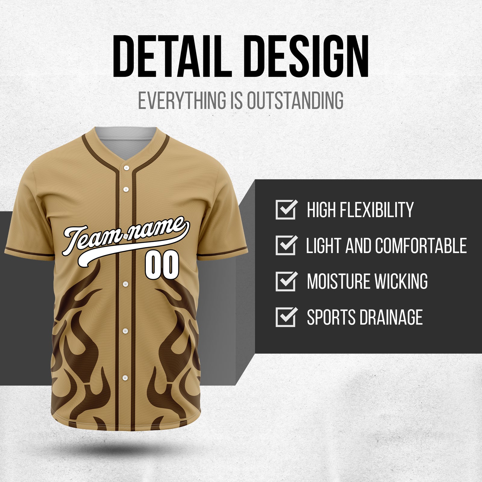 Custom Shadow Flames Khaki Baseball Sports Jersey Personalized Uniform with Name & Number