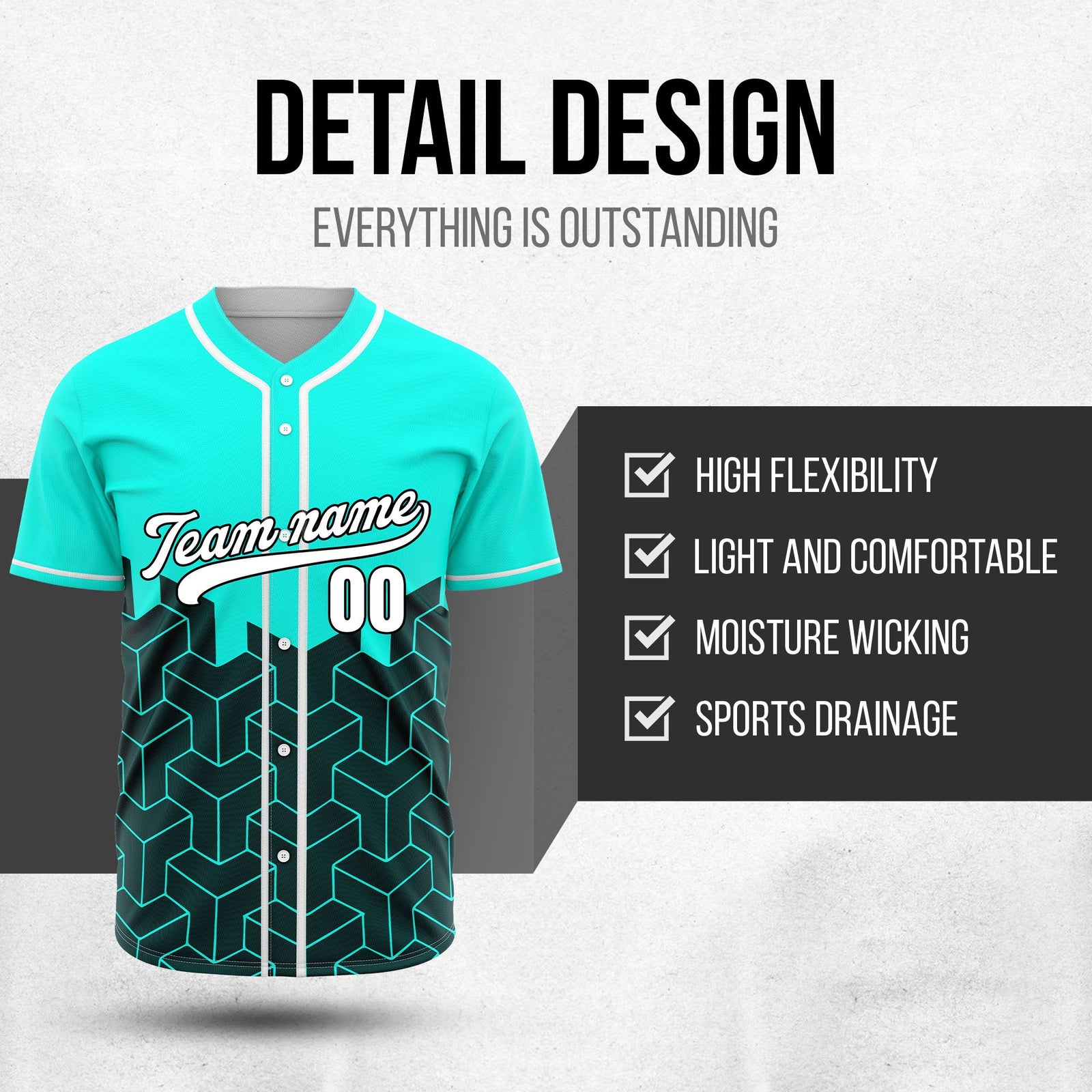 Custom Grid Iron Aqua Baseball Sports Jersey Personalized Uniform with Name & Number