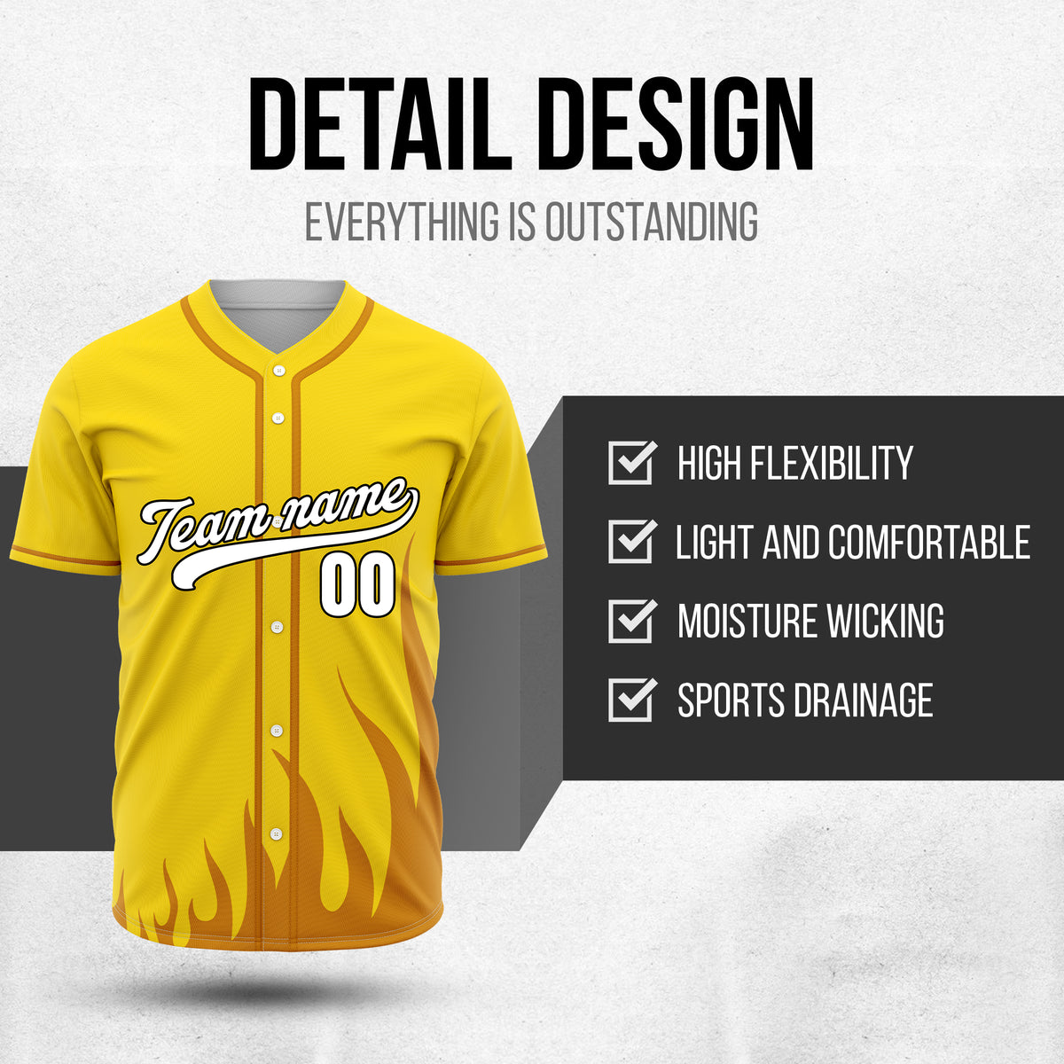 Custom Fire Pulse Yellow Baseball Sports Jersey Personalized Uniform with Name & Number