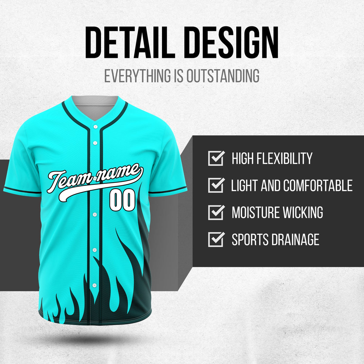 Custom Fire Pulse Aqua Baseball Sports Jersey Personalized Uniform with Name & Number