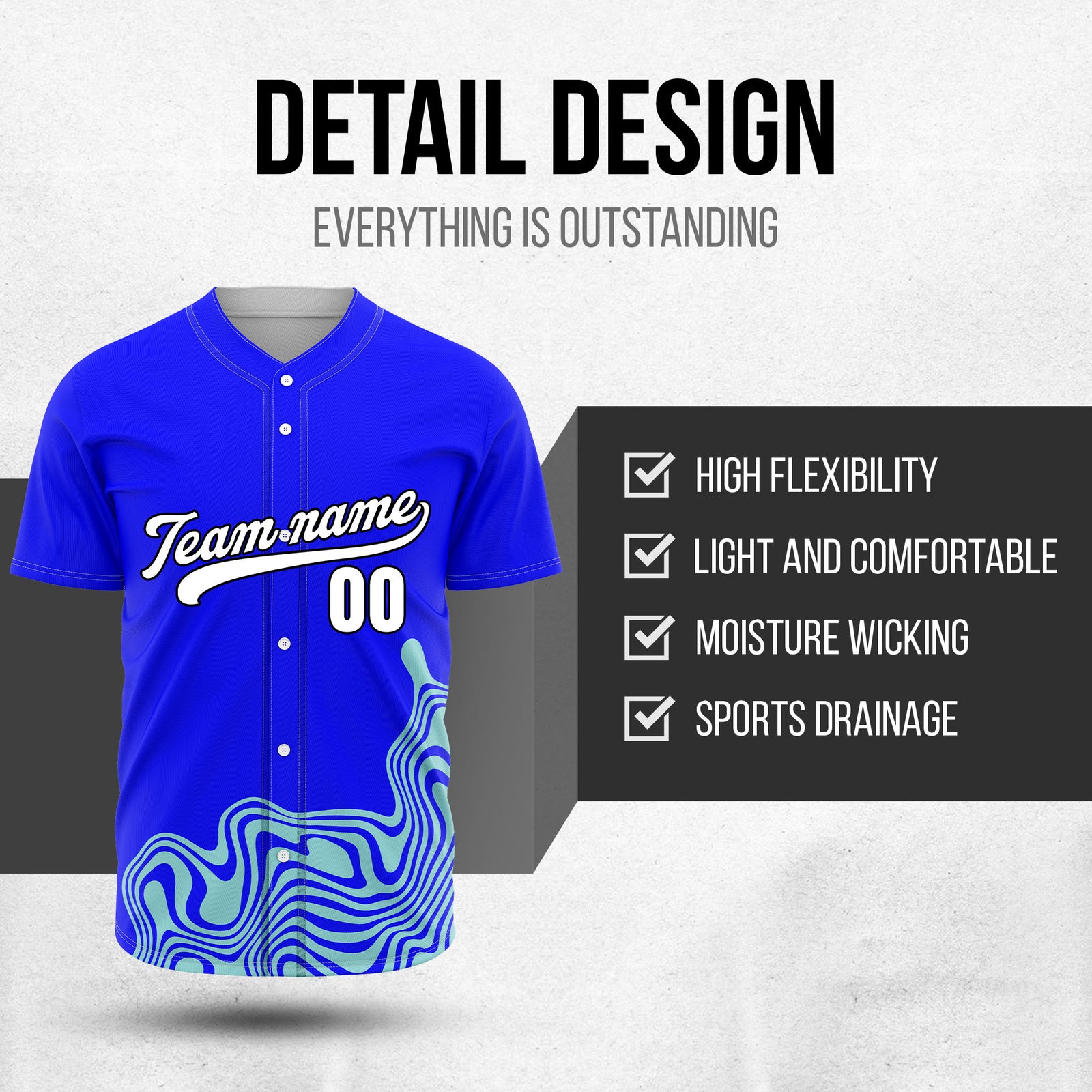 Custom Wave Blue Baseball Sport Jersey Personalized Uniform with Name & Number