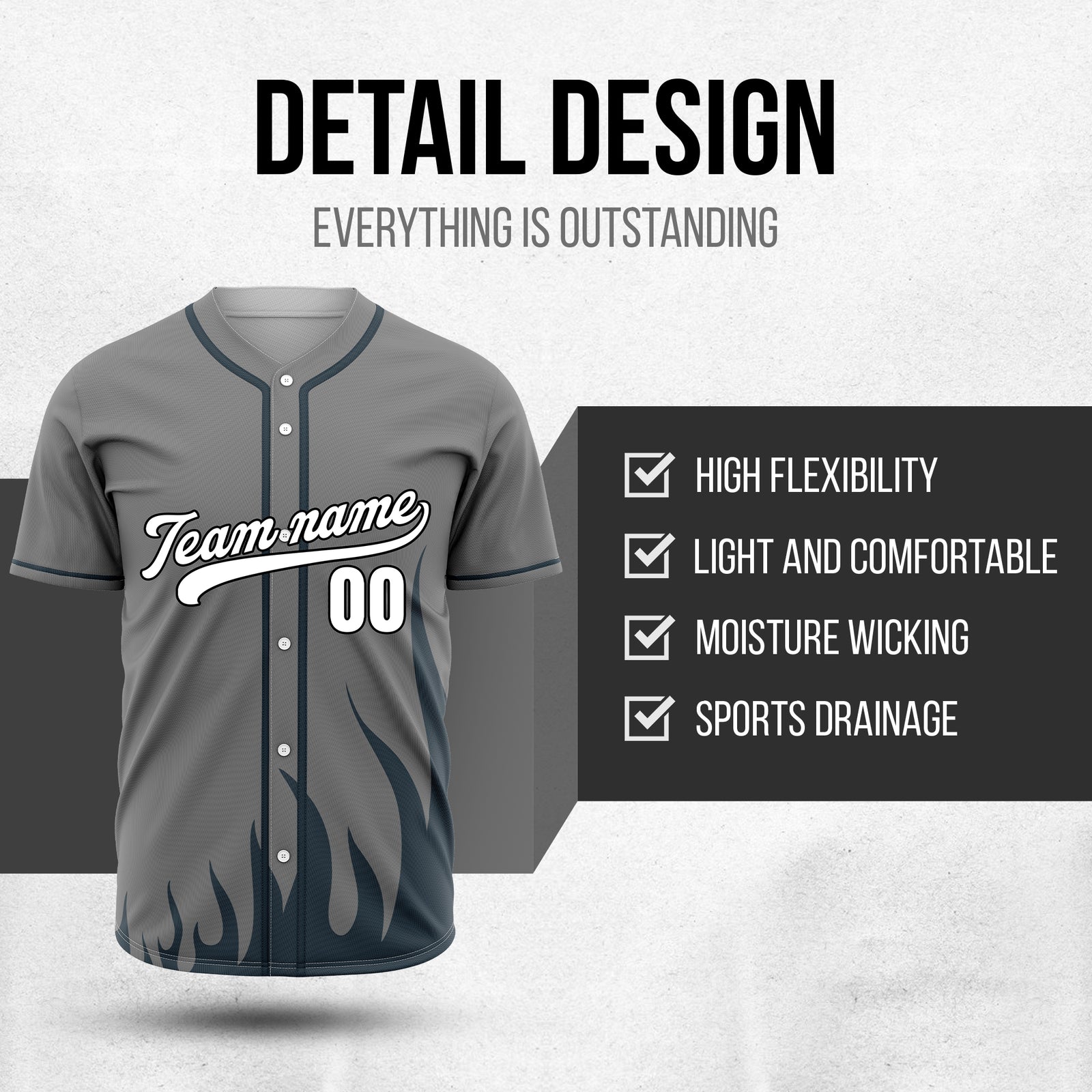 Custom Fire Pulse Grey Baseball Sports Jersey Personalized Uniform with Name & Number
