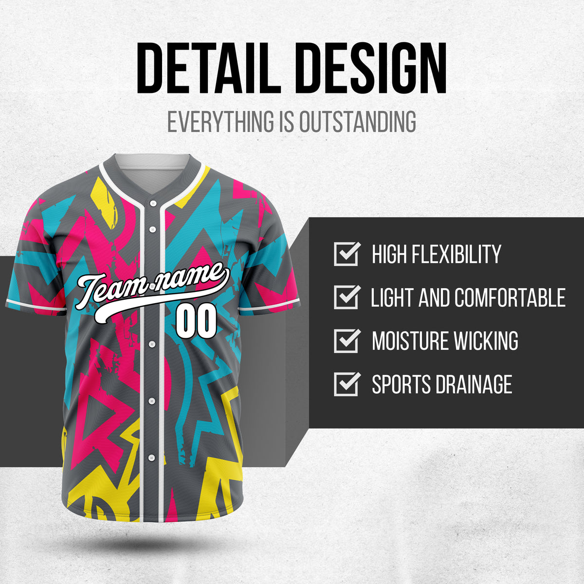 Custom Splash Dark Grey Baseball Sports Jersey Personalized Uniform with Name & Number