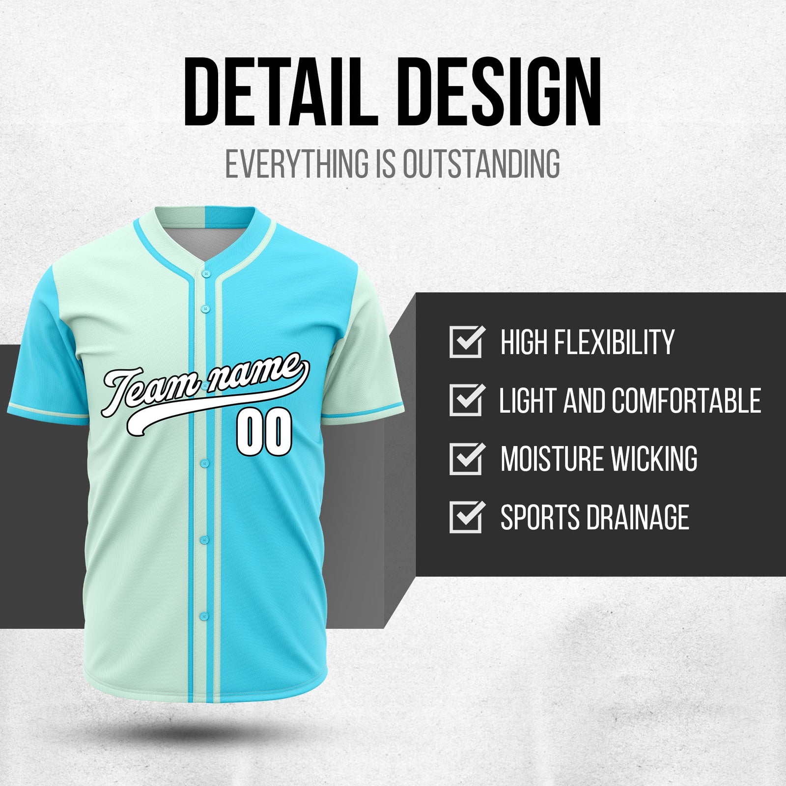 Custom Split Baseball Aqua Sports Jersey Personalized Uniform with Name & Number