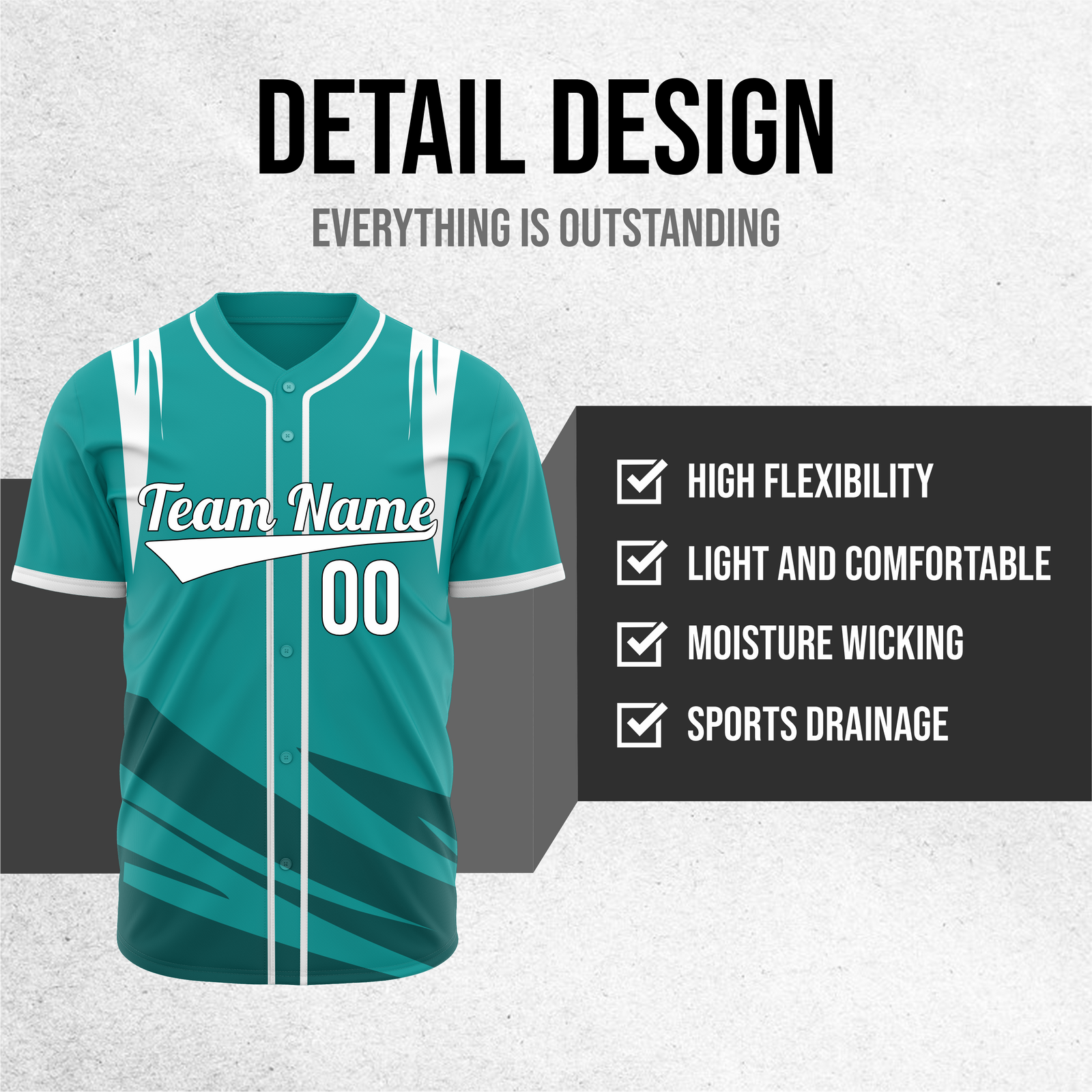 Custom Curve Edge Baseball Teal Sports Jersey Personalized Uniform with Name & Number