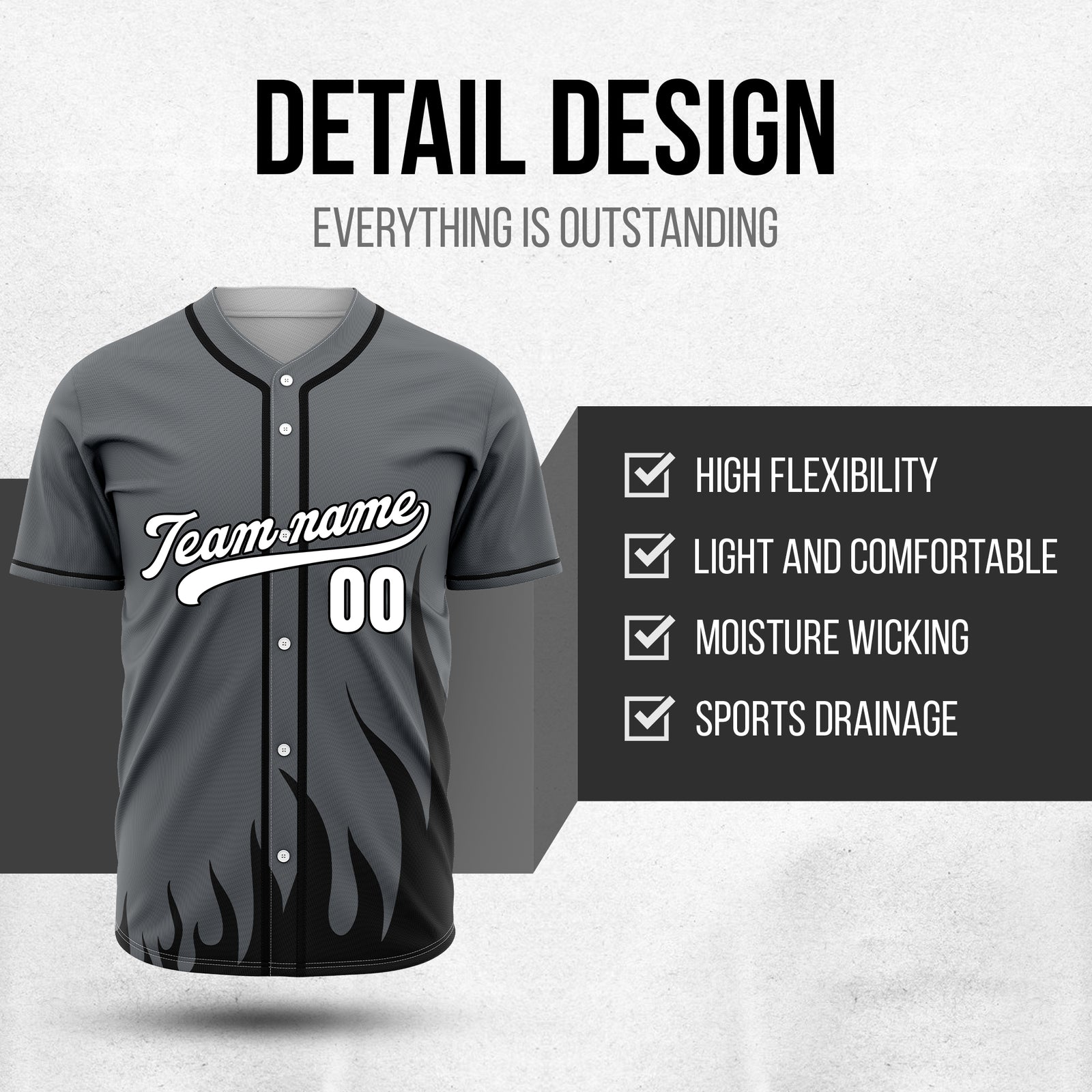 Custom Fire Pulse Dark Grey Baseball Sports Jersey Personalized Uniform with Name & Number