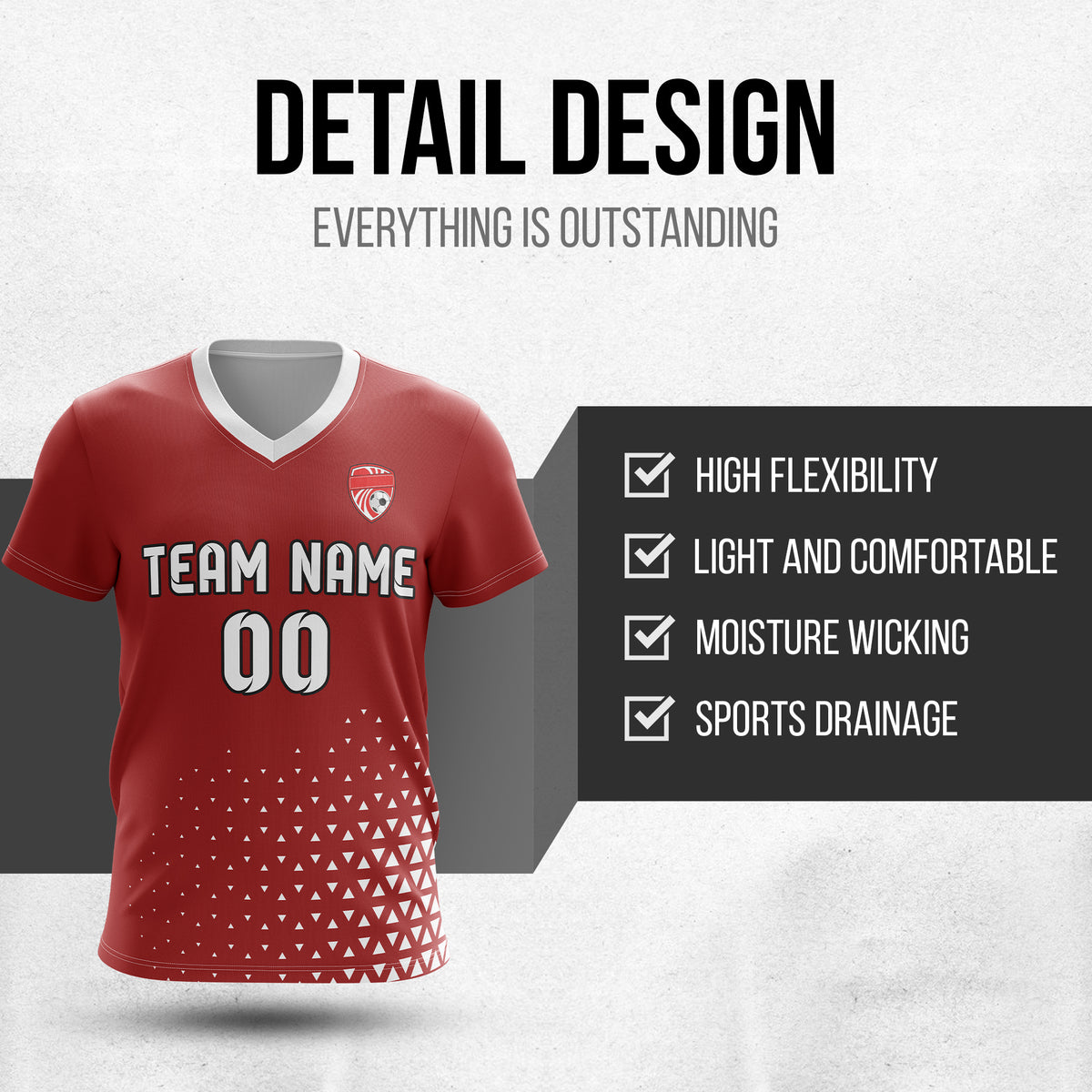Custom Tri-Edge V-Side Pattern Red Soccer sport Tops Jersey