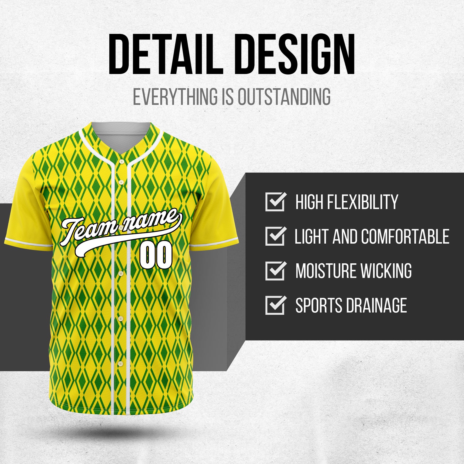 Custom Rhombic Edge Yellow Baseball Sports Jersey Personalized Uniform with Name & Number