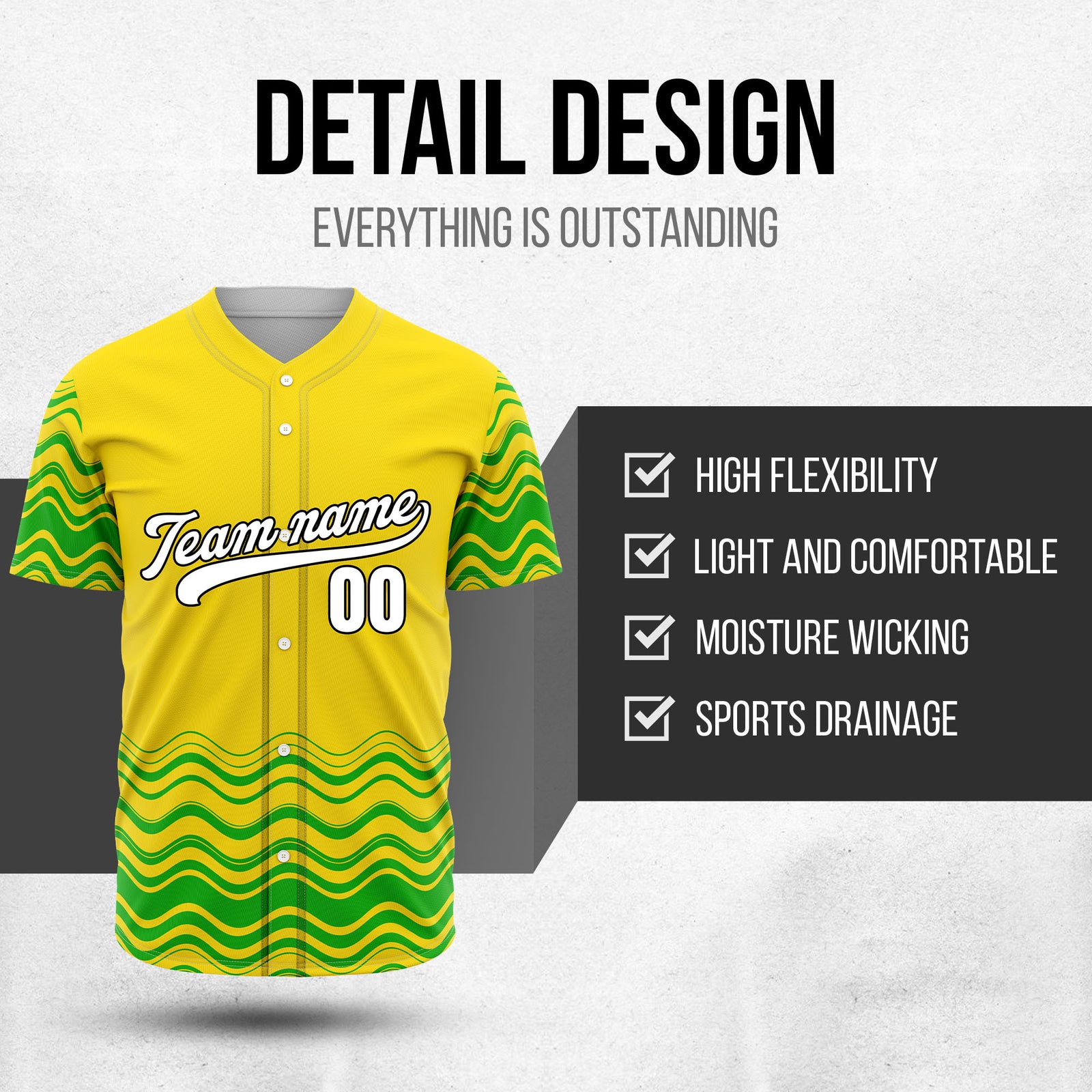 Custom Wave Yellow Baseball Sports Jerseys Personalized Uniform with Name & Number
