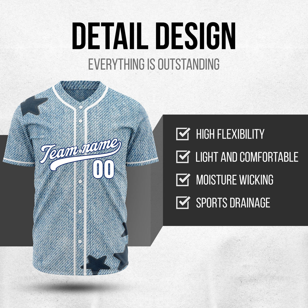 Custom Denim Star Pro Baseball Sports Jersey Personalized Uniform with Name & Number