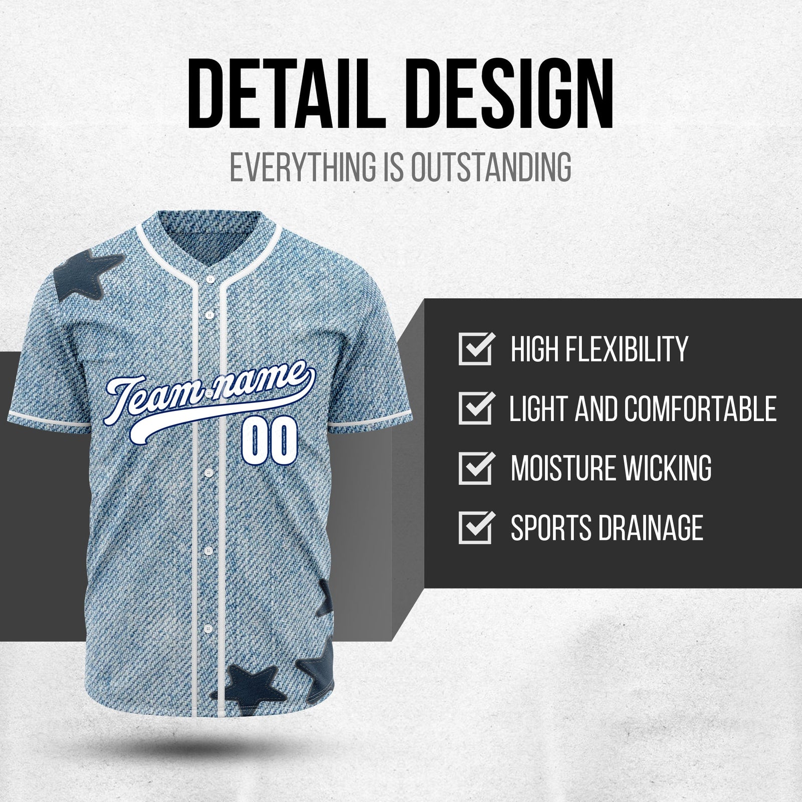 Custom Denim Star Pro Baseball Sports Jersey Personalized Uniform with Name & Number