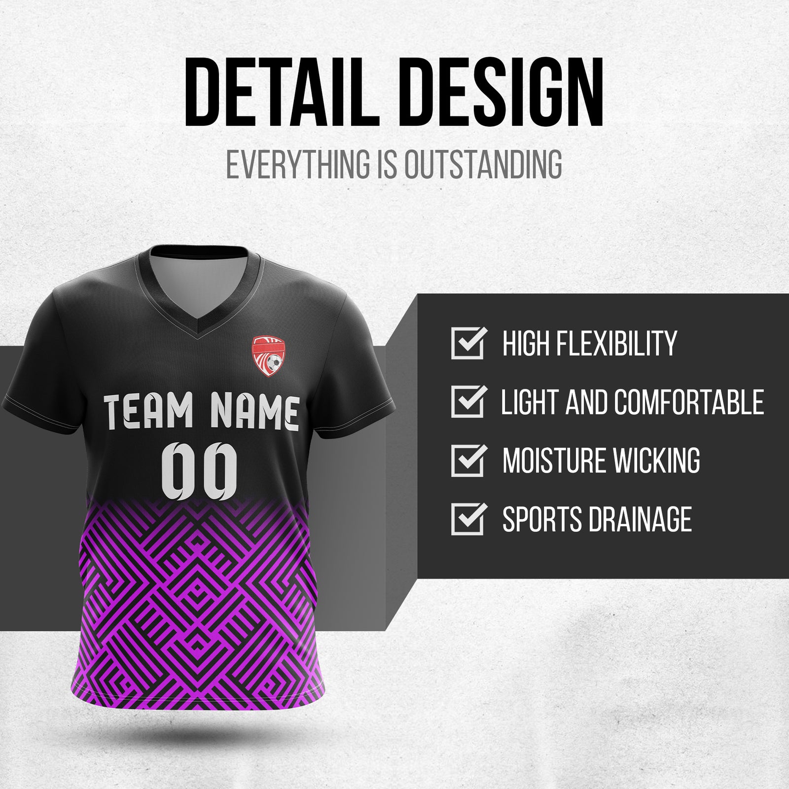 Custom Shadow Line V-Side Pattern Black Soccer sport Tops Jersey