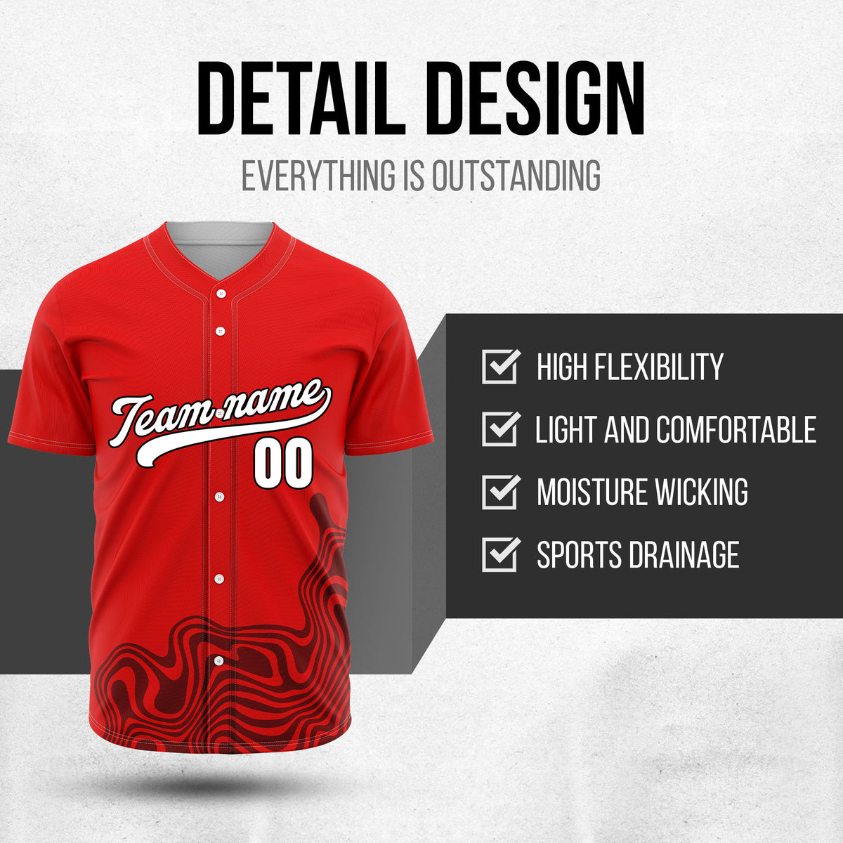 Custom Wave Red Baseball Sports Jersey Personalized Uniform with Name & Number