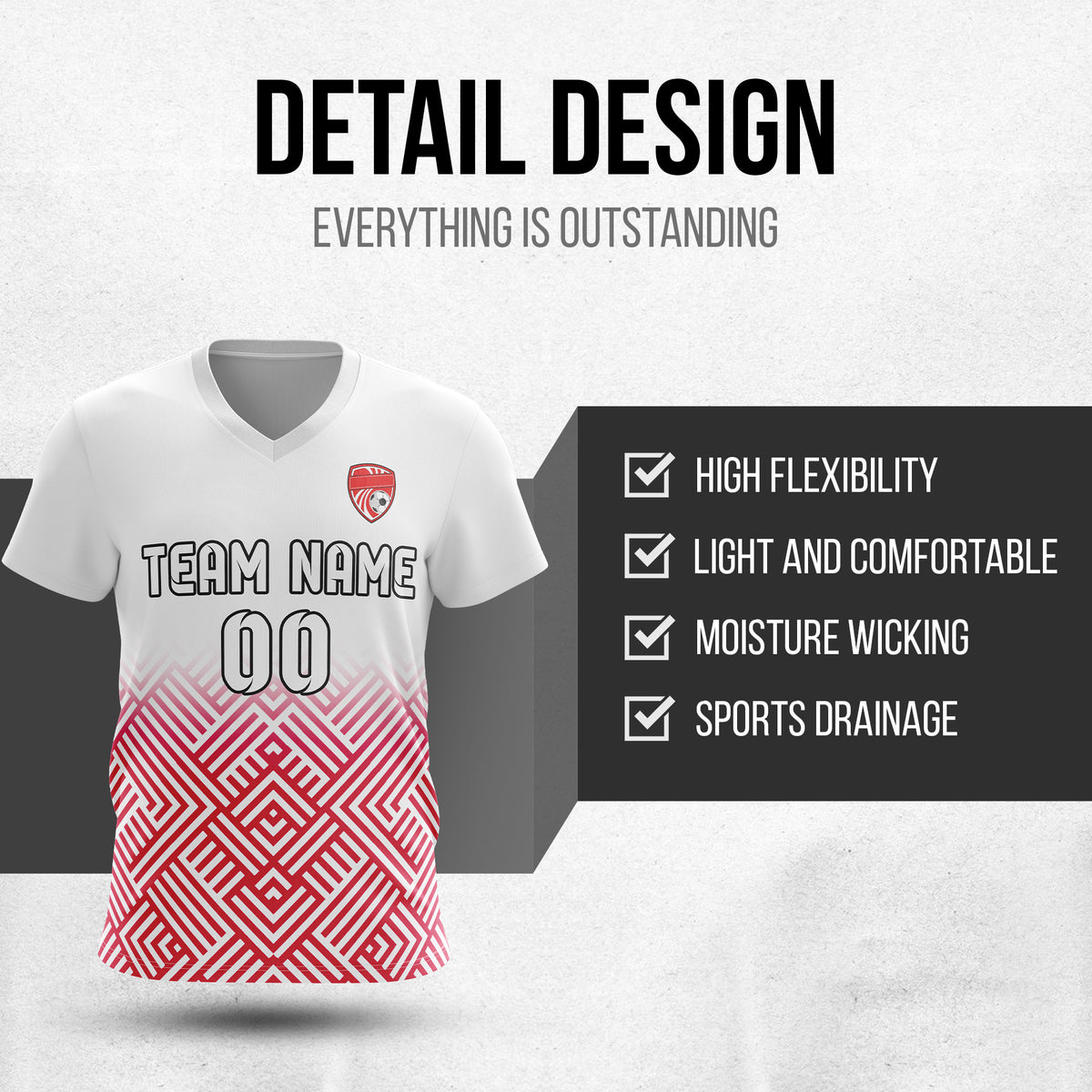 Custom Shadow Line V-Side Pattern White Soccer sport Tops Jersey