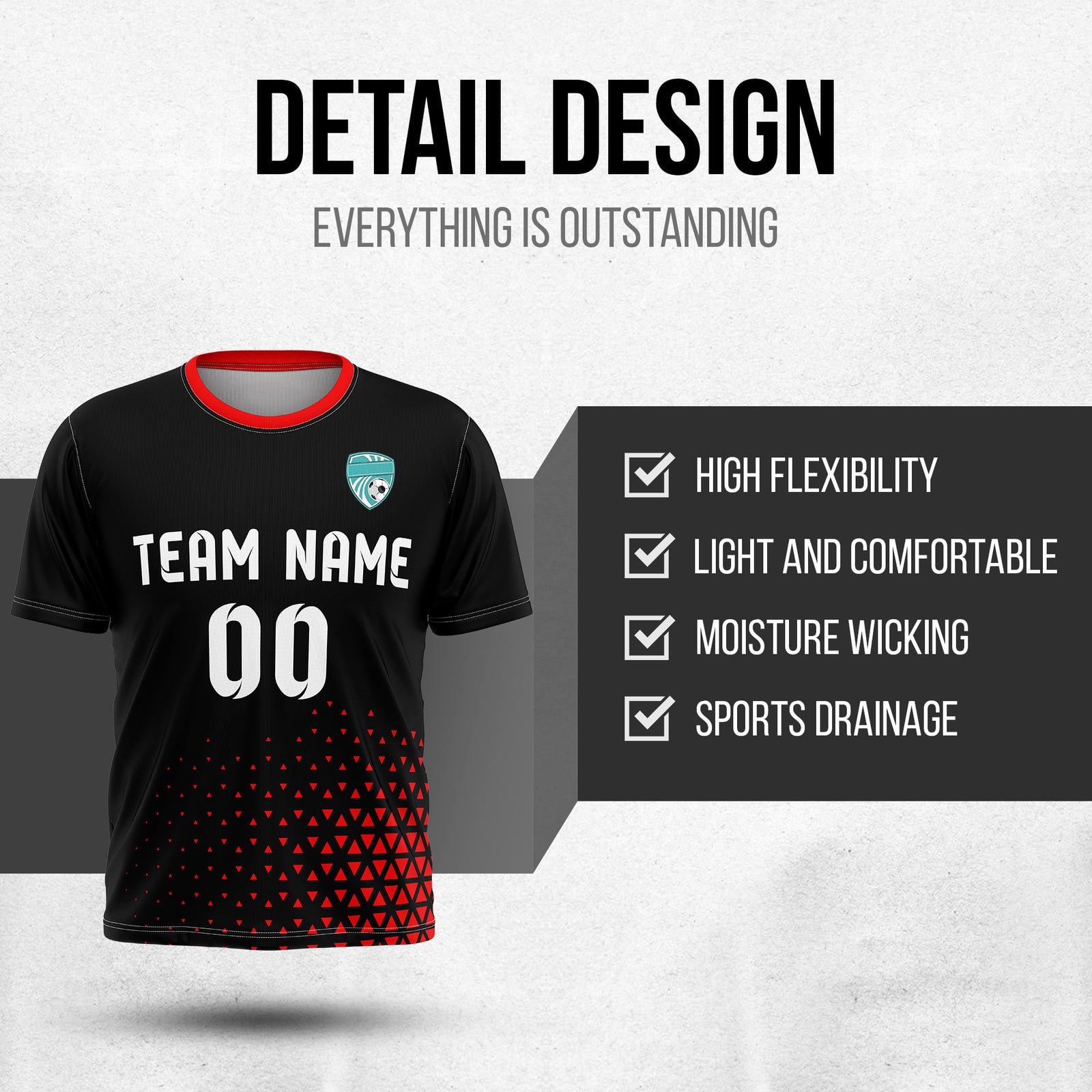 Custom Tri-Edge R Side Pattern Soccer Black Sport Tops Jersey
