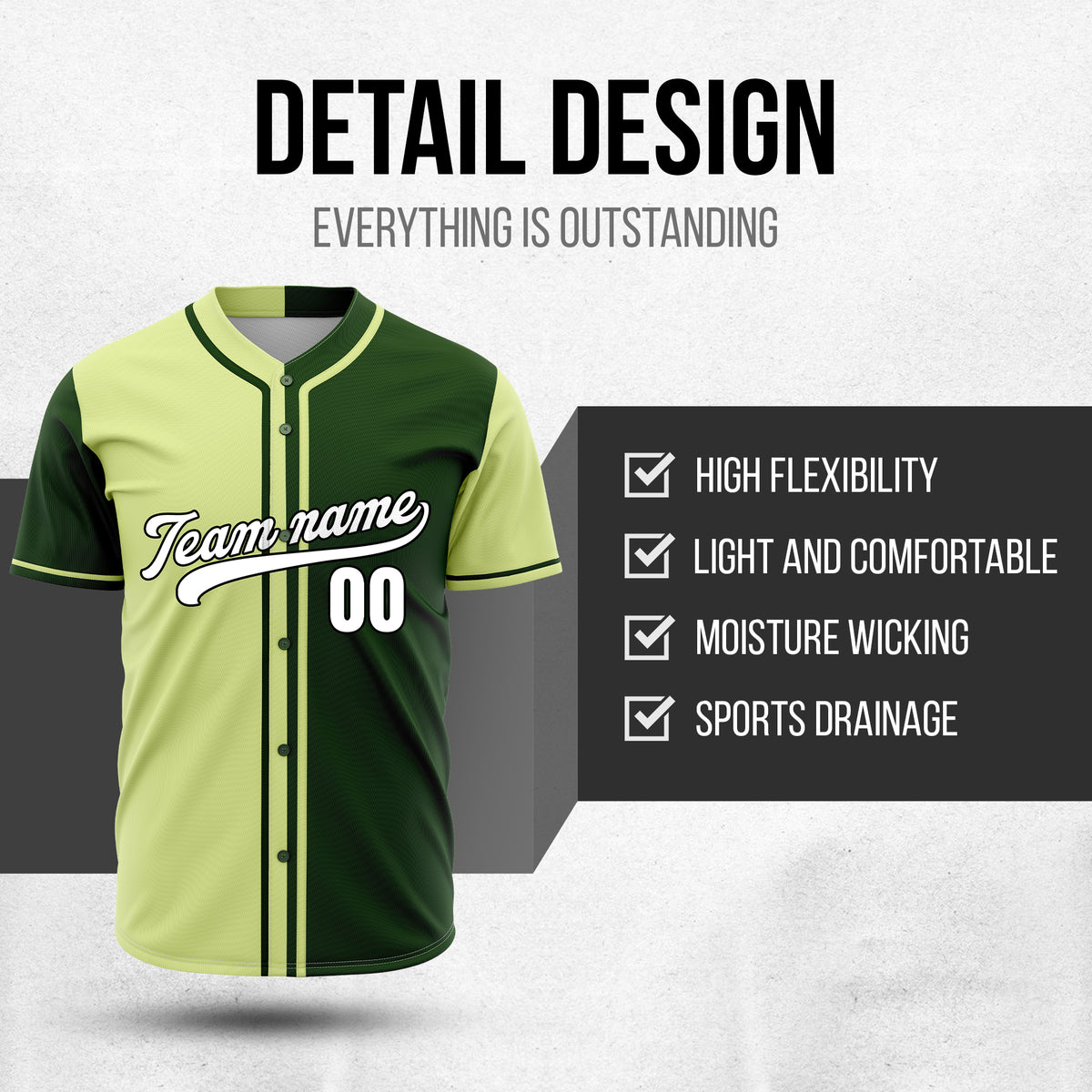 Custom Split Baseball Green Sports Jersey Personalized Uniform with Name & Number