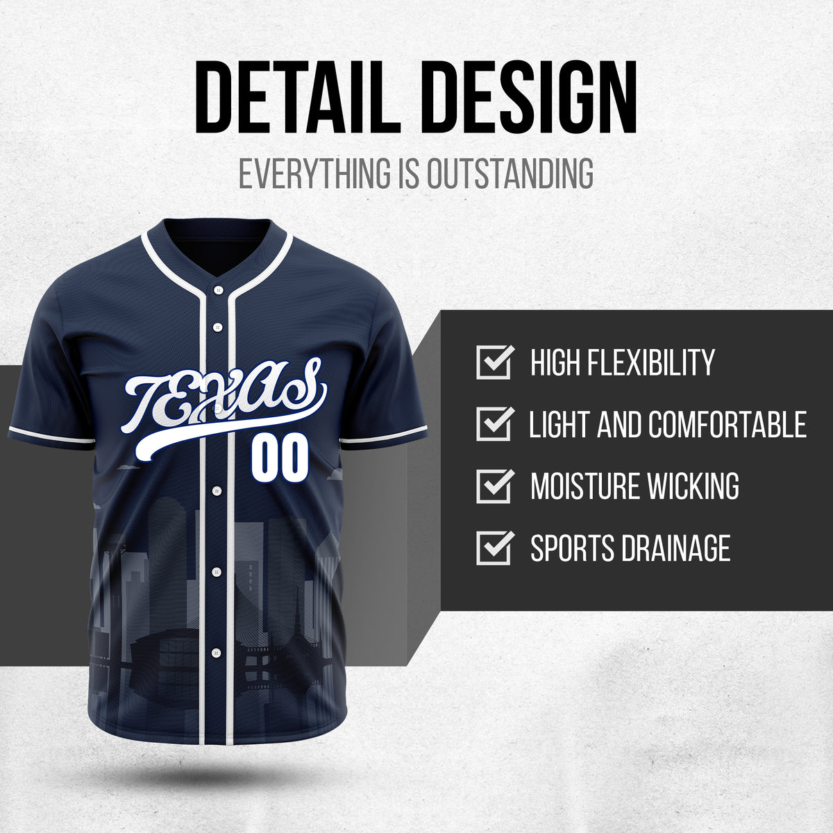 Custom City Lights Navy Baseball Sports Jersey Personalized Uniform with Name & Number