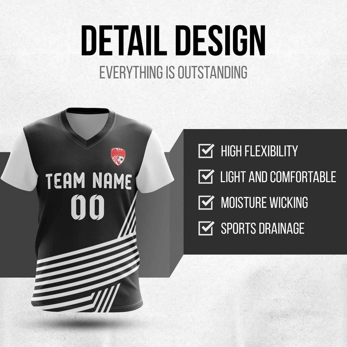 Custom Rapid Line V-Side Pattern Black Soccer sport Tops Jersey