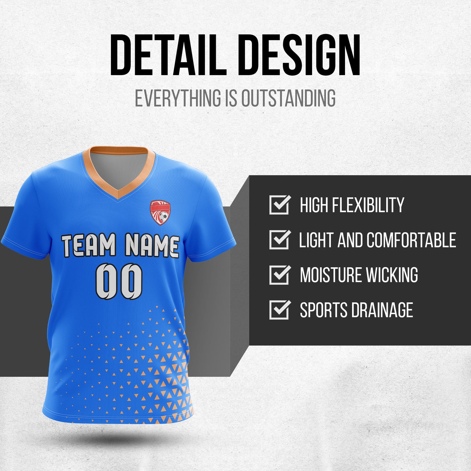 Custom Tri-Edge V-Side Pattern Blue Soccer sport Tops Jersey