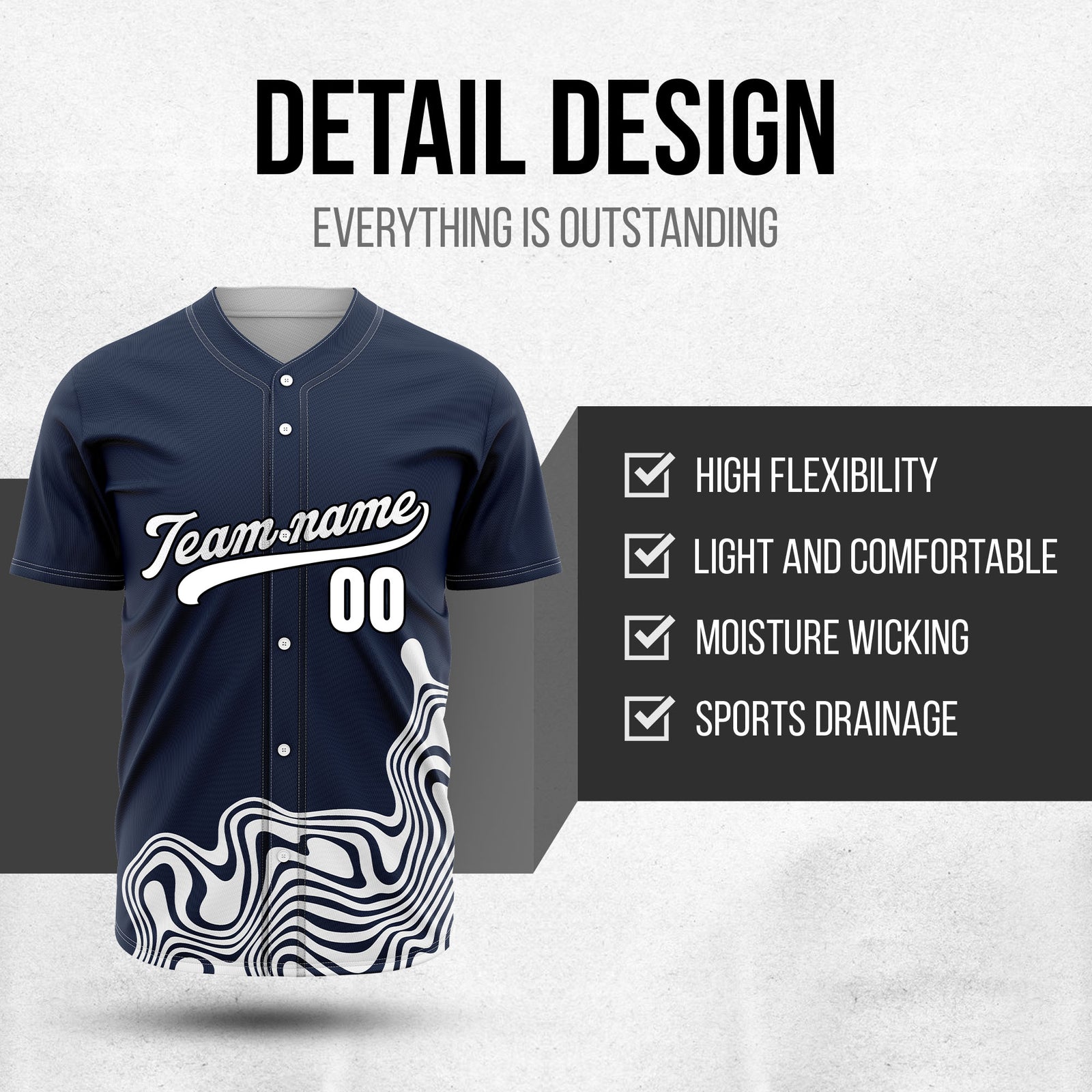 Custom Wave Navy Baseball Sport Jersey Personalized Uniform with Name & Number