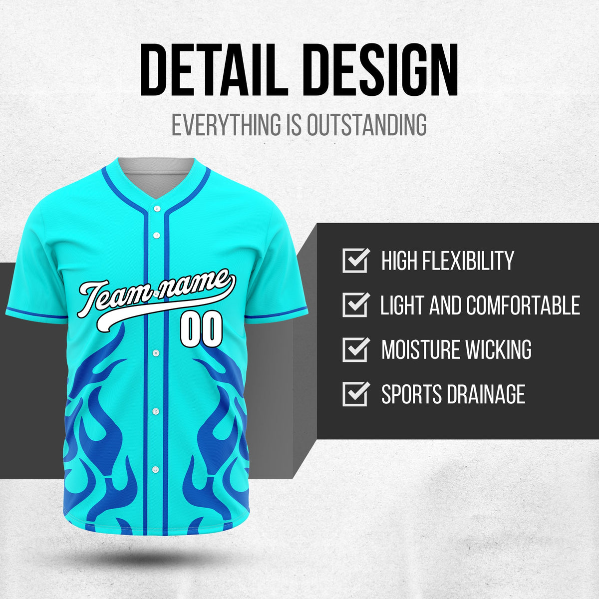 Custom Shadow Flames Aqua Baseball Sports Jersey Personalized Uniform with Name & Number