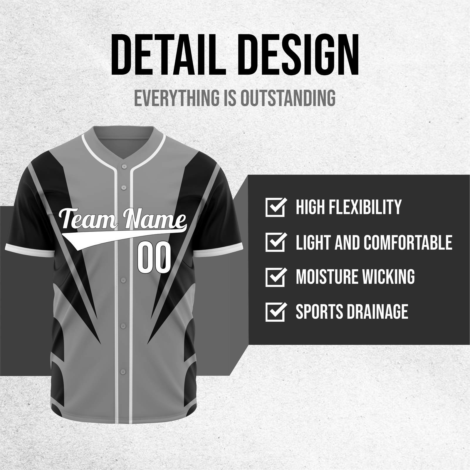 Custom Panel Flow Baseball Grey Sports Jersey Personalized Uniform with Name & Number