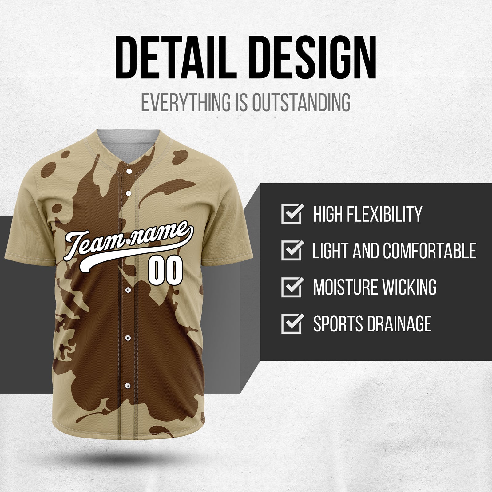 Custom Ink Splash Khaki Baseball Sports Jersey Personalized Uniform with Name & Number