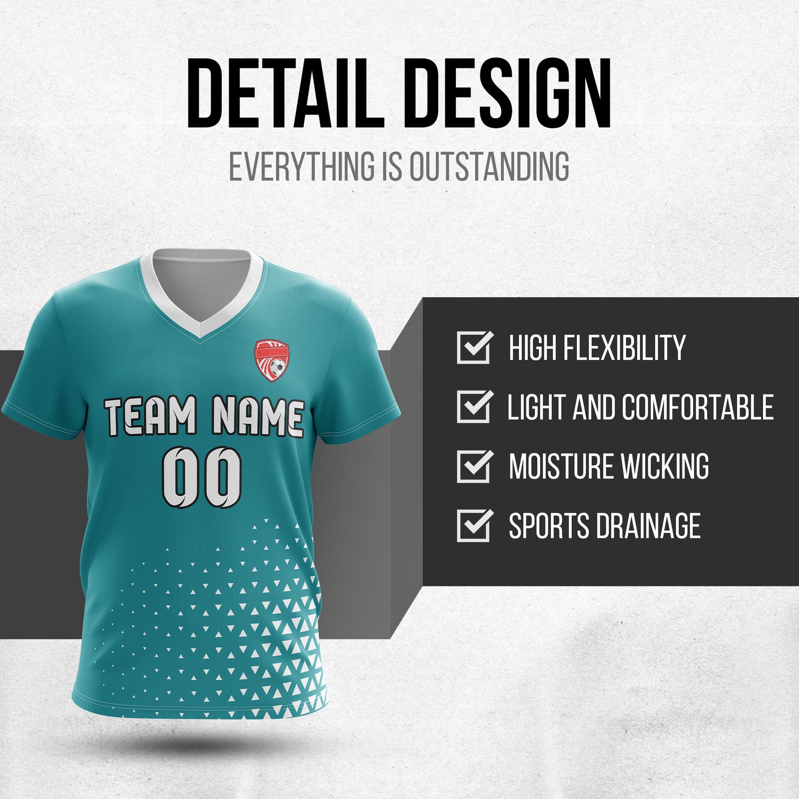 Custom Tri-Edge V-Side Pattern Teal Soccer sport Tops Jersey