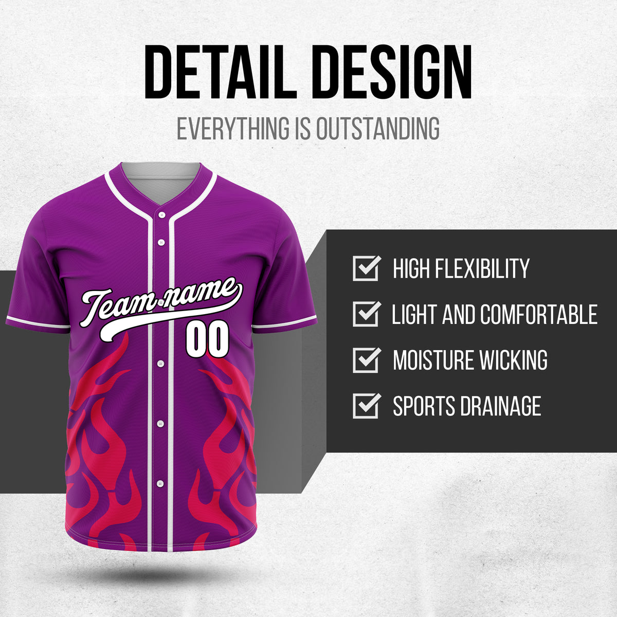 Custom Shadow Flames Purple Baseball Sports Jersey Personalized Uniform with Name & Number